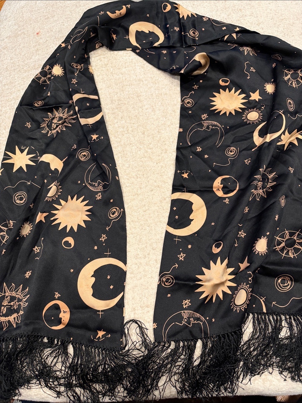 Celestial Print Fringe Scarf - Black & Gold